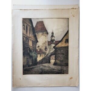 Vtg JOSEF EIDENBERGER Signed Original Etching "ROTHENBURG" (1938) 22x18 Unframed